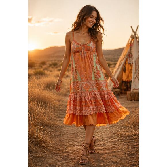 Anthropologie Dresses & Skirts - Chaudry Patchwork Midi Dress Small Boho Festival Flowy Ruffle Hem Orange